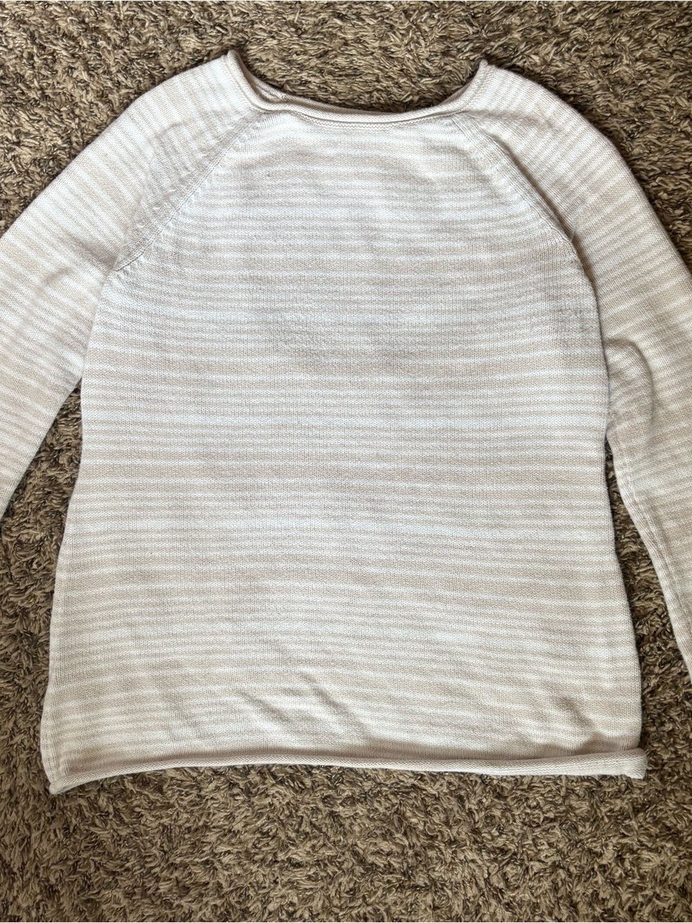 Eddie Bauer Cream and Beige Striped Crewneck Sweater